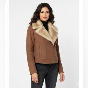 Buffalo David Bitton Brown and Cream Teddy Jacket with Faux Fur Collar